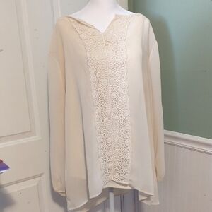 Chiffon Blouse Crochet Sleeves Front 2X Roz & Ali Off White Wedding Party